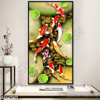 Tranh cá chép Koi và lá Sen