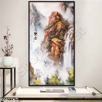 Tranh thư pháp phong cảnh thác nước