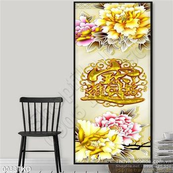 Tranh hoa mẫu đơn thư pháp kim tiền