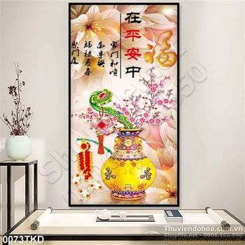 Tranh bình hoa đào thư pháp