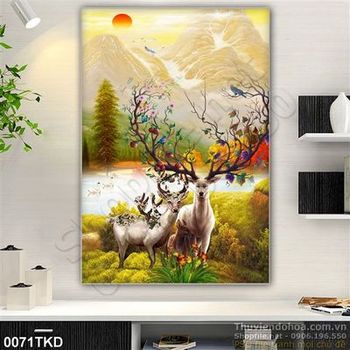 Tranh sơn dầu đôi hươu trong rừng