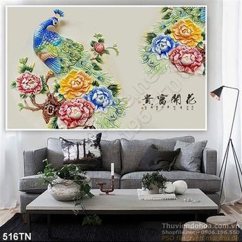 Tranh giả ngọc chim công và hoa mẫu đơn