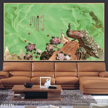 Tranh giả ngọc chim công và hoa sen