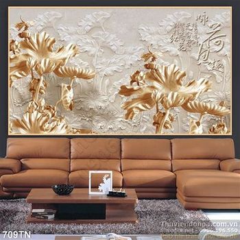 Tranh điêu khắc gỗ hoa sen vàng