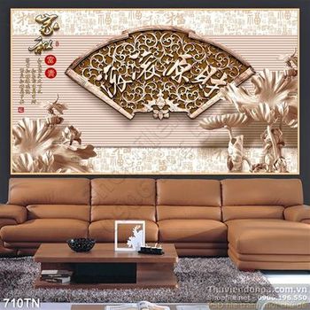 Tranh điêu khắc gỗ hoa sen và quạt