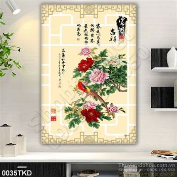 Tranh thư pháp hoa mẫu đơn treo tường