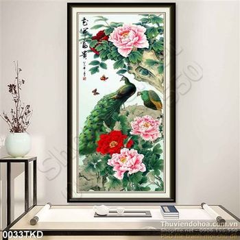 Tranh thư pháp chim công và hoa trang trí phòng khách