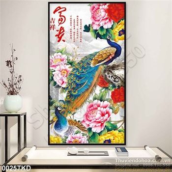 Tranh thư pháp chim công và hoa mẫu đơn