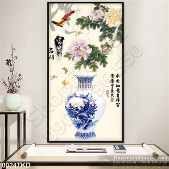 Tranh bình hoa cổ và hoa mẫu đơn