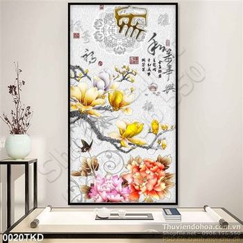 Tranh thư pháp hoa Mộc lan kim tiền