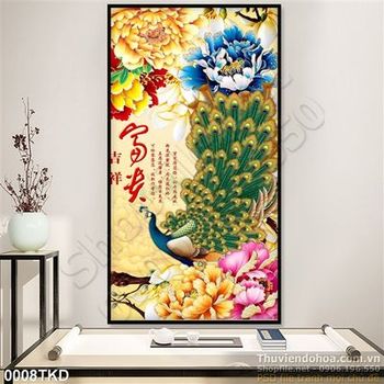 Tranh thư pháp hoa mẫu đơn và chim công