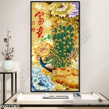 Tranh hoa mẫu đơn và chim công