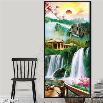 Tranh thác nước phong thủy màu xuân đẹp