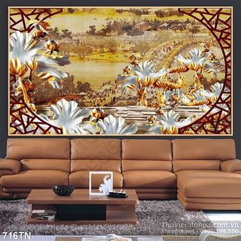 Tranh điêu khắc gỗ hoa sen và phong cảnh