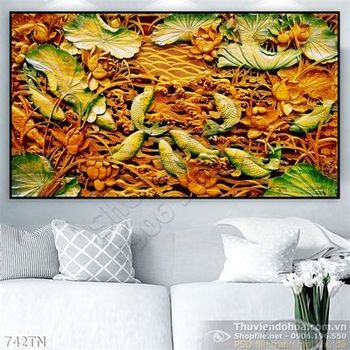 Tranh điêu khắc gỗ lá sen