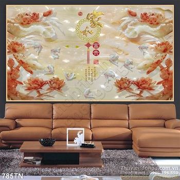 Tranh giả ngọc cá Koi và hoa sen