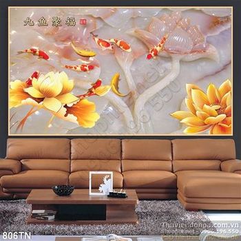 Tranh giả ngọc hoa sen vàng và cá chép