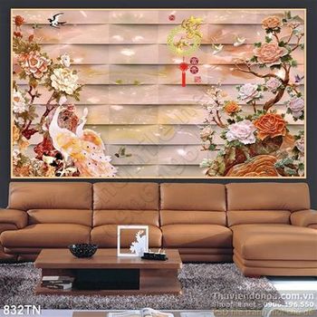 Tranh giả ngọc chim công và hoa