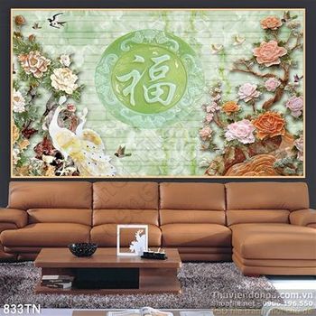 Tranh giả ngọc chim công và hoa mẫu đơn