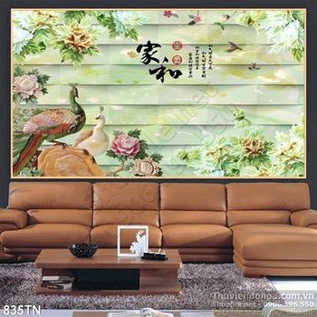 Tranh giả ngọc chim công và hoa mẫu đơn