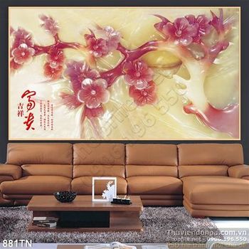 Tranh giả ngọc hoa đào nền đá