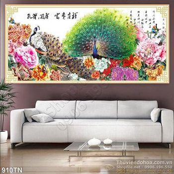 Tranh giả ngọc chim công và hoa mẫu đơn