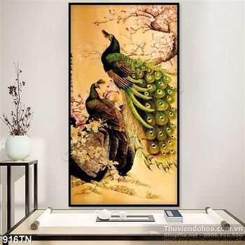 Tranh giả ngọc chim công và hoa đào