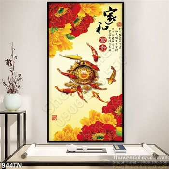 Tranh giả ngọc hoa mẫu đơn và cá Koi