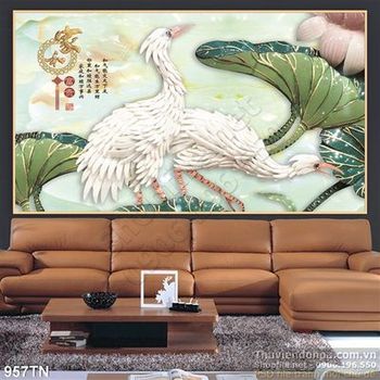 Tranh giả ngọc chim hạc và sen