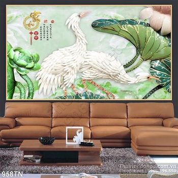 Tranh giả ngọc chim hạc và hoa sen