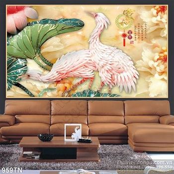 Tranh giả ngọc hoa sen và chim hạc