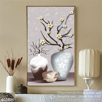 Tranh chậu hoa hiện đại hoa mai in gạch men