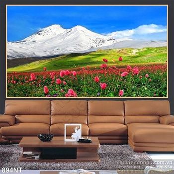 Tranh núi tuyết và hoa