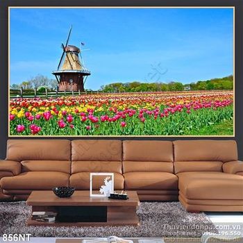 Tranh vườn hoa tulip và cối xay gió