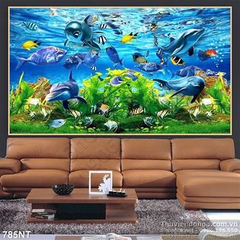 Tranh đại dương xanh và cá heo