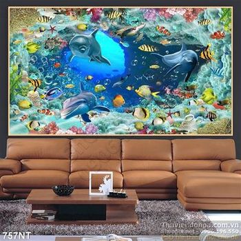 Tranh cá heo và dãy san hô trang trí dán tường