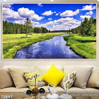 Tranh con sông chảy qua khu rừng