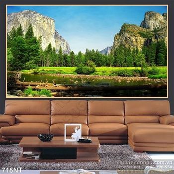 Tranh dãy núi và khu rừng thông