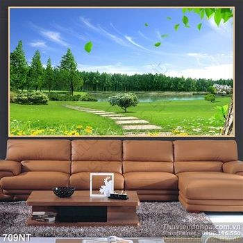 Tranh con đường trên đồng cỏ xanh