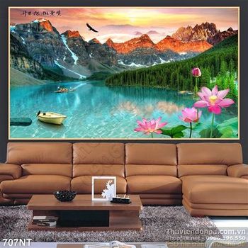 Tranh dãy núi tuyết bên dòng sông