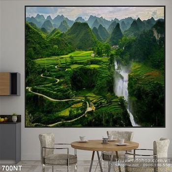 Tranh cánh đồng lúa và núi