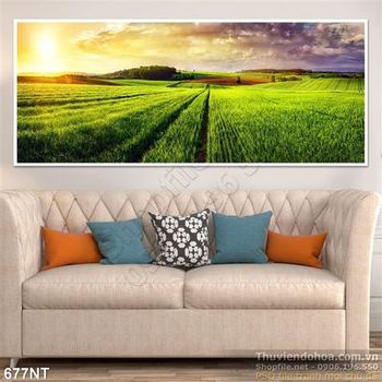 Tranh hoàng hôn trên cánh đồng lúa