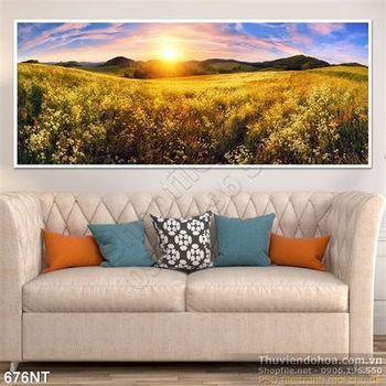 Tranh bình minh trên cánh đồng