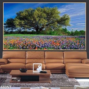 Tranh vườn hoa và cây cổ thụ