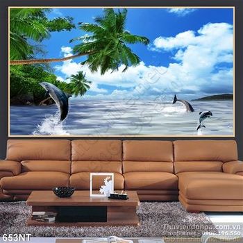 Tranh cá heo và hàng dừa xanh