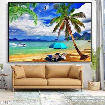 Tranh biển và cây dừa trang trí phòng khách