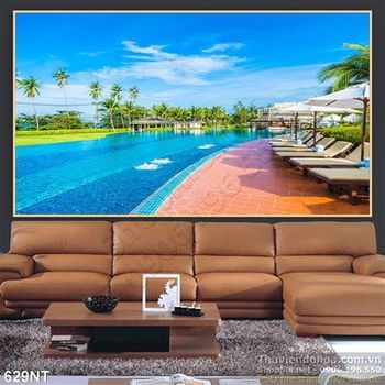 Tranh hồ bơi  khu nghỉ dưỡng