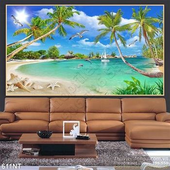 Tranh bãi biển và cá heo