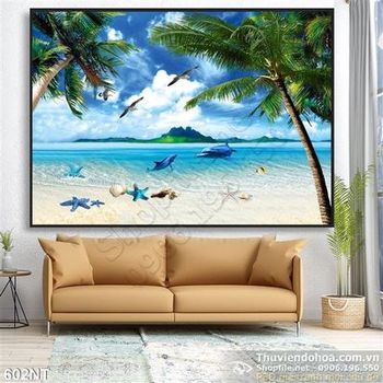 Tranh bãi biển và hàng dừa xanh