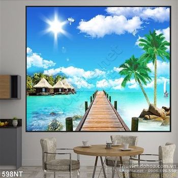 Tranh cây cầu gỗ và khu nghỉ dưỡng